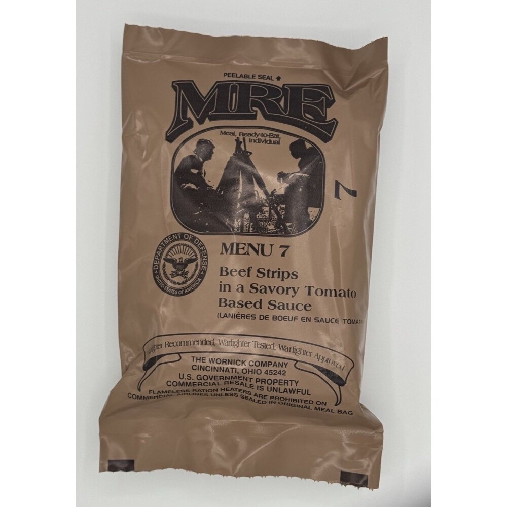 Military MRE Individual Menu 7 Beef Strips Savory Tomato Sauce Single Meal 2015+